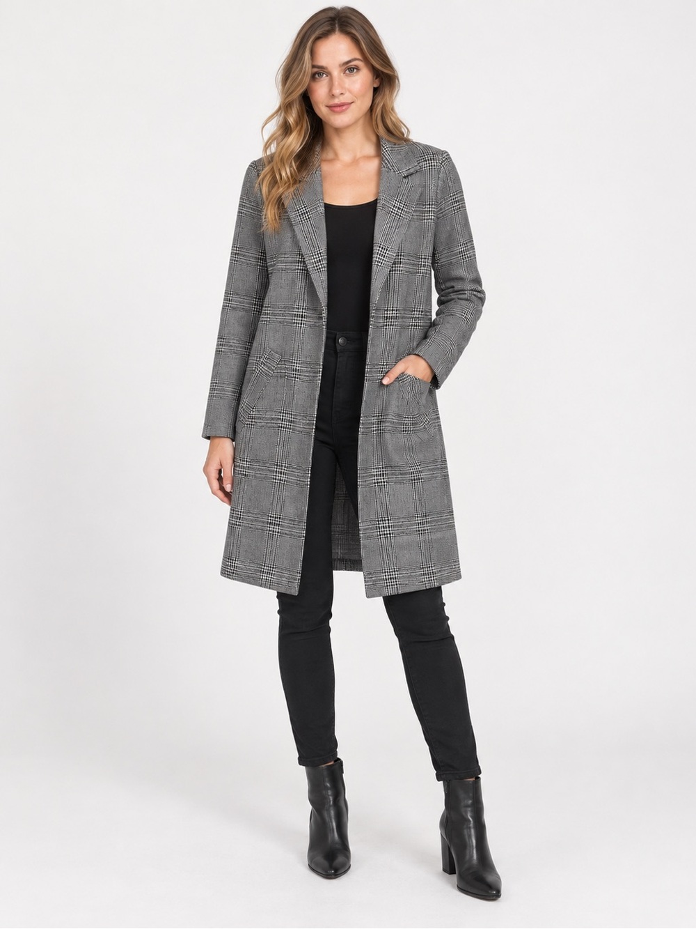 MELLODAY Gray Plaid Longline Trench Coat